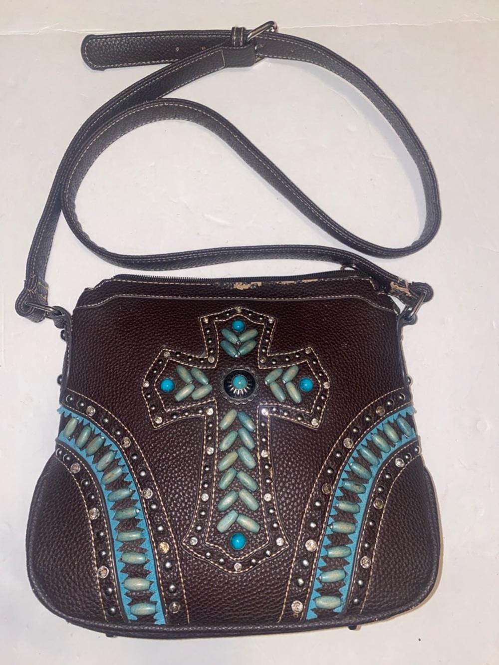 Montana West Brown Crossbody Bag with Turquoise Cross
